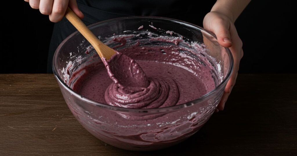 Cake batter for Blackberry Velvet Gothic Cake