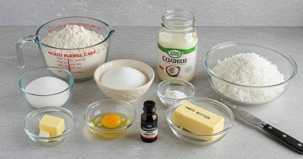 Ingredients for Coconut Cake Displayed Neatly on a Counter
