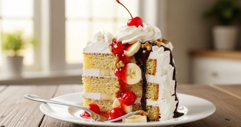 Banana Split Layer Cake on a plate