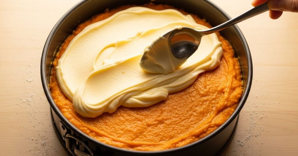 Layering Cheesecake Over Carrot Cake Base