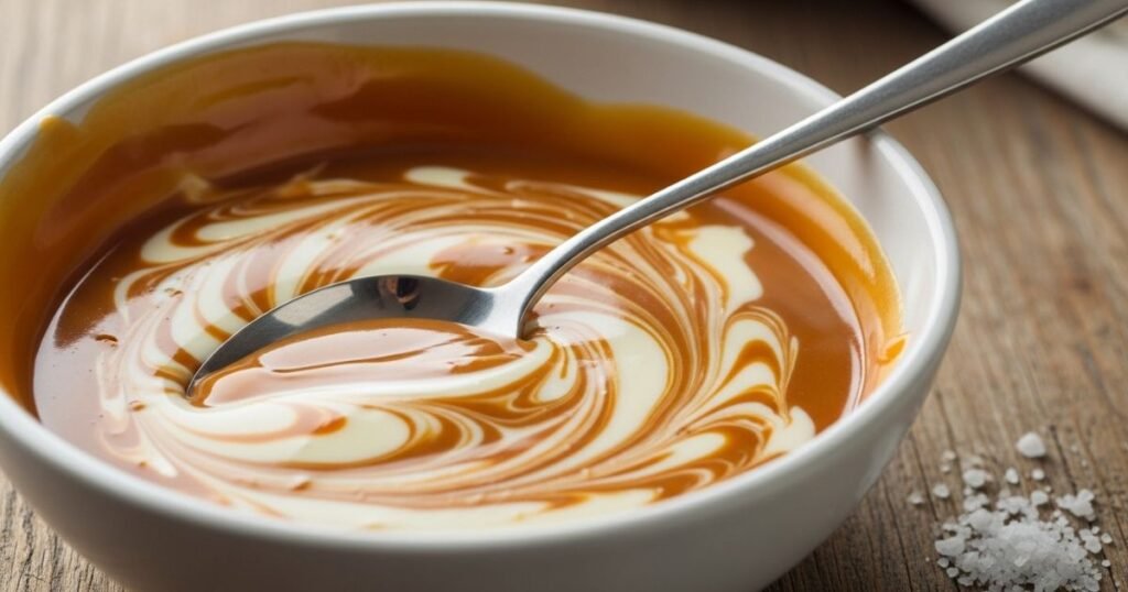 A spoon stirring caramel and white chocolate together in a glass bowl