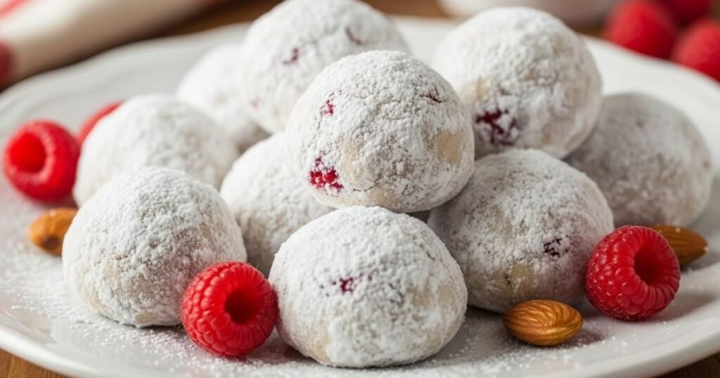 Finished raspberry almond snowball cookies coated in powdered sugar