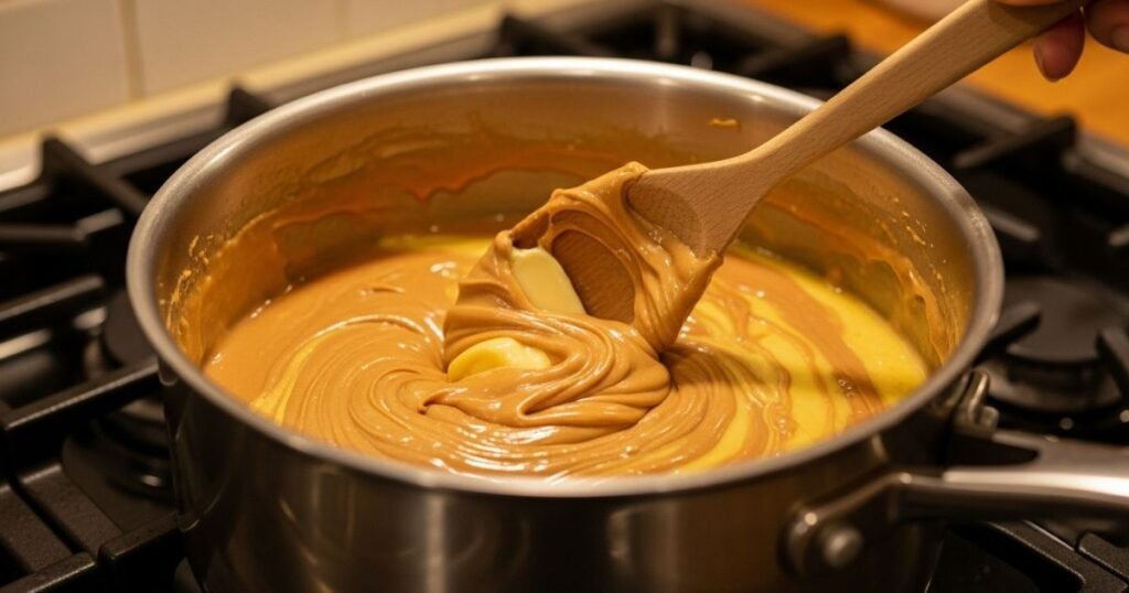 Peanut butter and butter melting in a saucepan