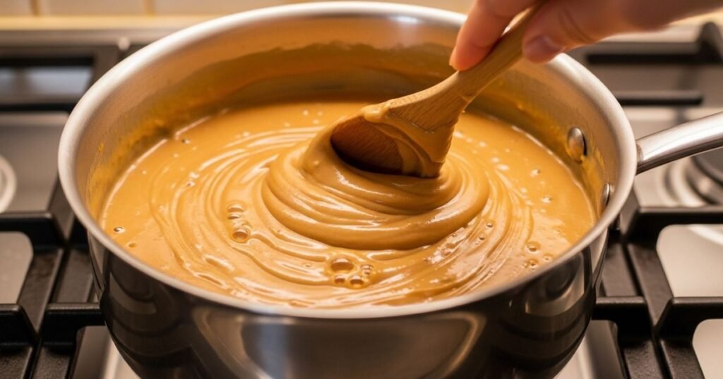 Peanut butter custard being stirred in a saucepan