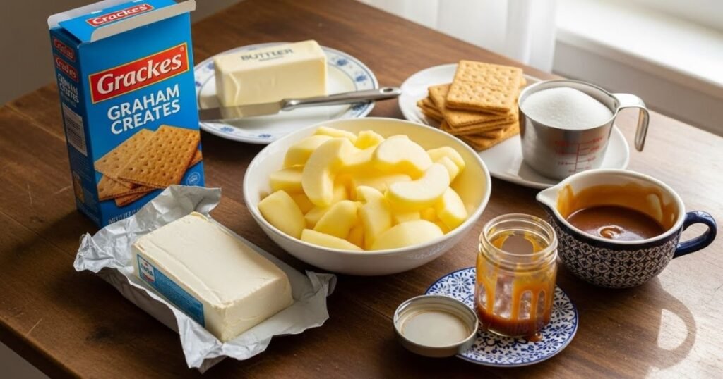 Apples, cream cheese, graham crackers, butter, sugar, cinnamon, and caramel sauce arranged neatly on a counter