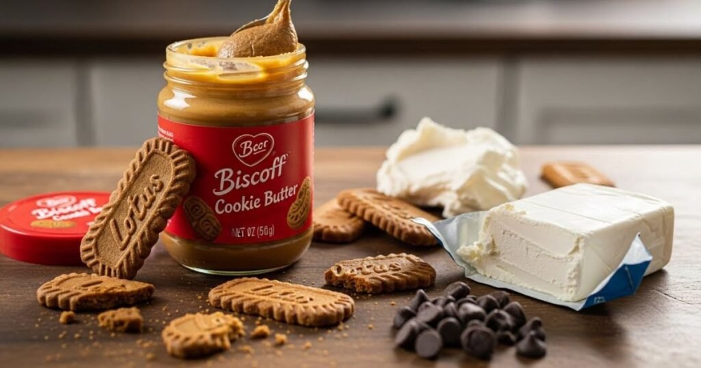 Biscoff cookie butter jar, Biscoff cookies, cream cheese, chocolate chips arranged on a counter