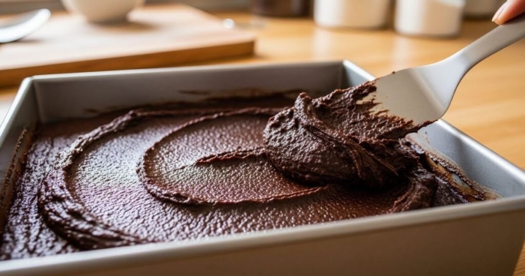 Butter, cocoa powder, sugar, eggs, peppermint extract, flour, and salt arranged neatly on a kitchen counter