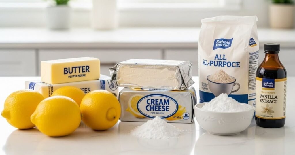 Butter, cream cheese, lemons, powdered sugar, flour, vanilla extract arranged neatly on a kitchen counter