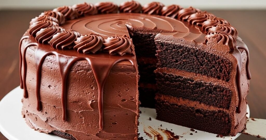 Chocolate cake frosted with shiny fudge frosting and soft swirl patterns