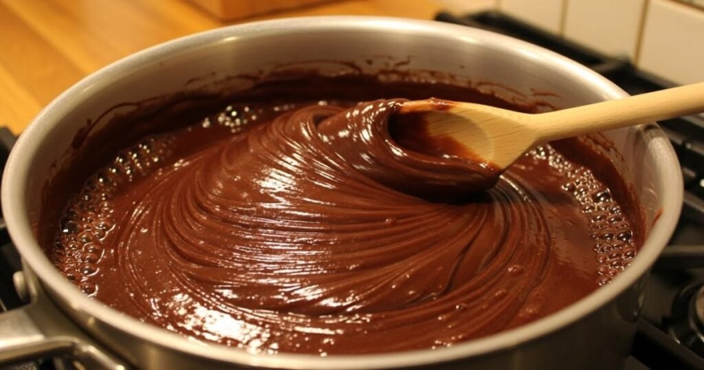 Chocolate fudge mixture being stirred in a saucepan with a wooden spoon