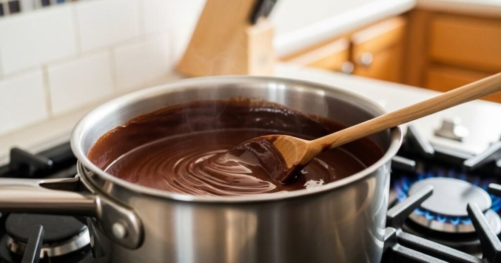 Chocolate mixture cooking on the stove for no bake cookies