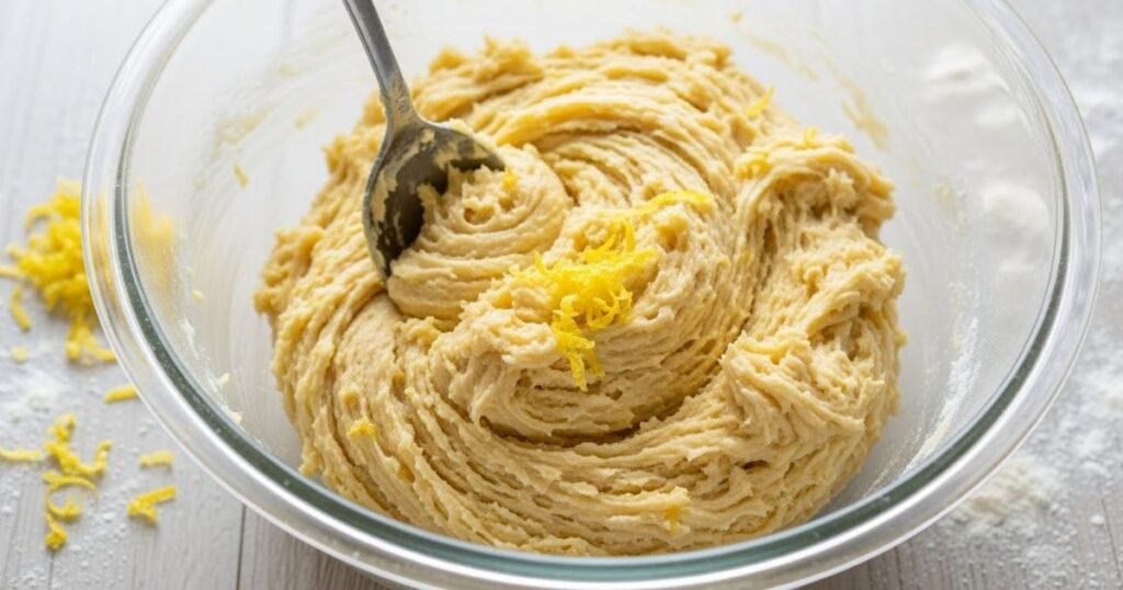 Cookie dough being mixed in a bowl with visible lemon zest