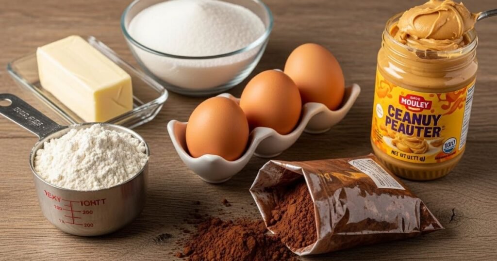 Ingredients for peanut butter brownies laid out on a wooden surface, ready for baking