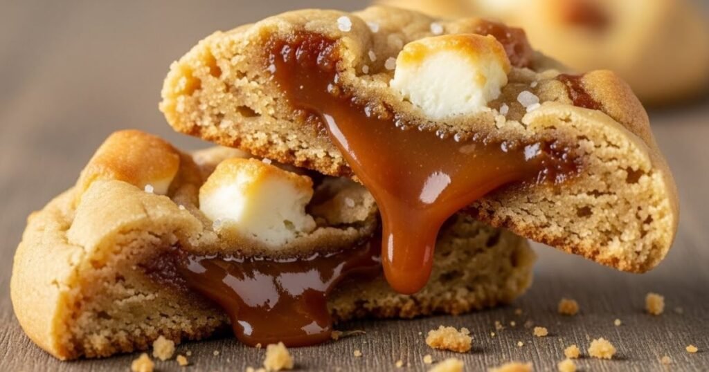 Inside view of salted caramel cream cheese cookie with gooey caramel center