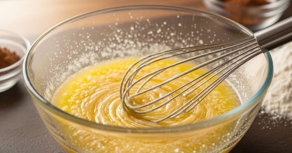 Mixing melted butter and sugar in a bowl