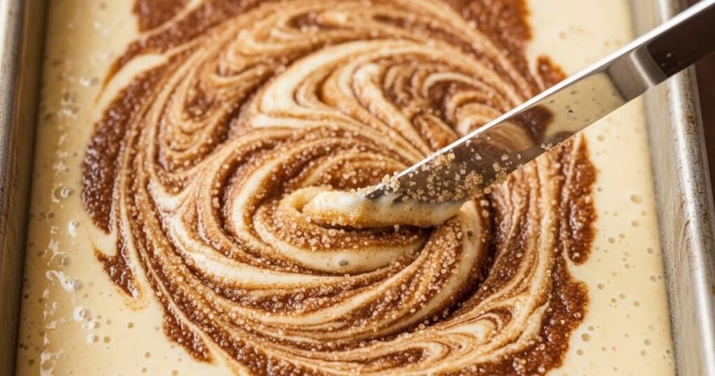 Swirling cinnamon mixture into bar batter