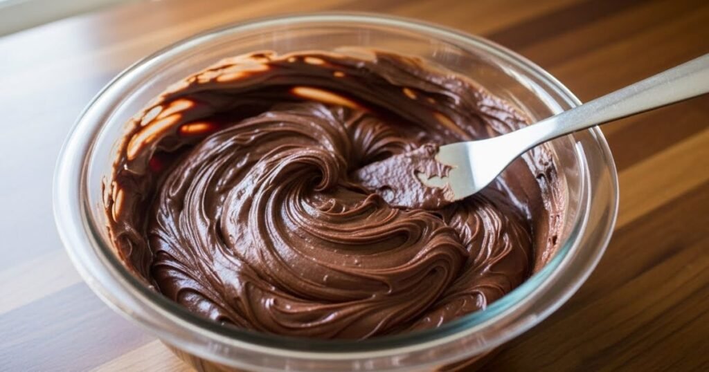 Thick and glossy chocolate fudge frosting in a bowl