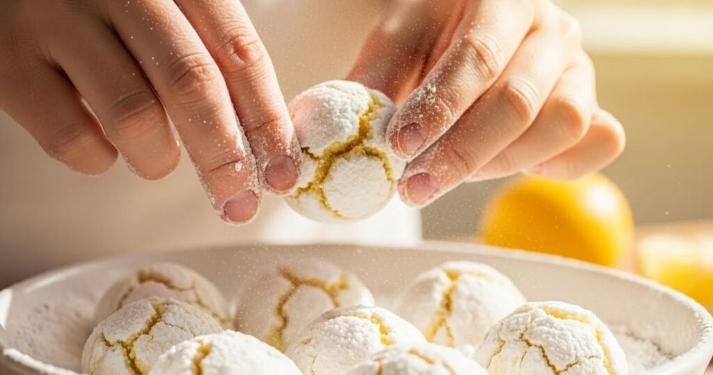 Warm lemon snowball cookies being rolled in powdered sugar, hands gently coating cookies