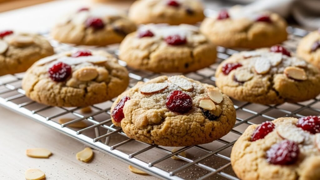 baked cherry almond cookies cooling on rack