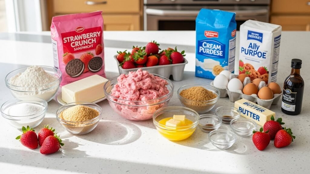 Ingredients needed for strawberry crunch cookies