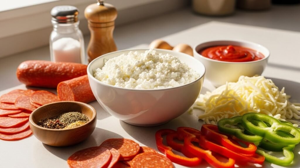 Ingredients for cottage cheese pizza bowl recipe