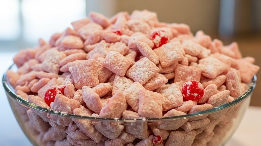 Cherry cheesecake puppy chow in a bowl