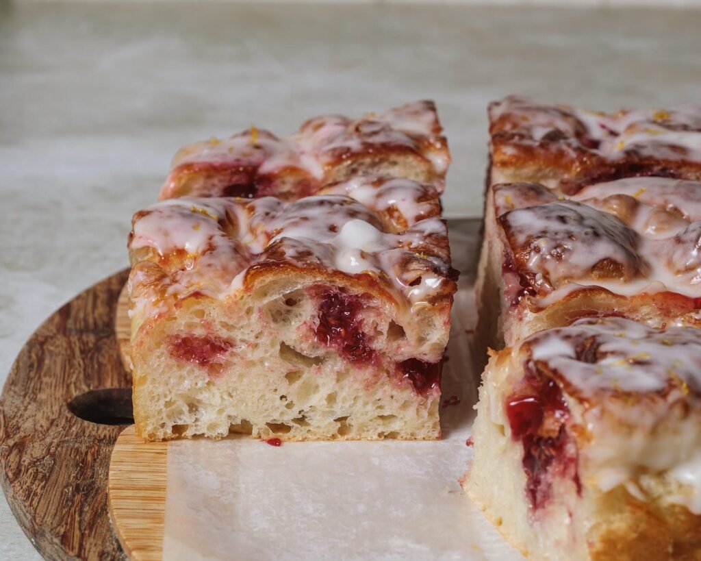 Jelly donut focaccia with sweet jelly pockets