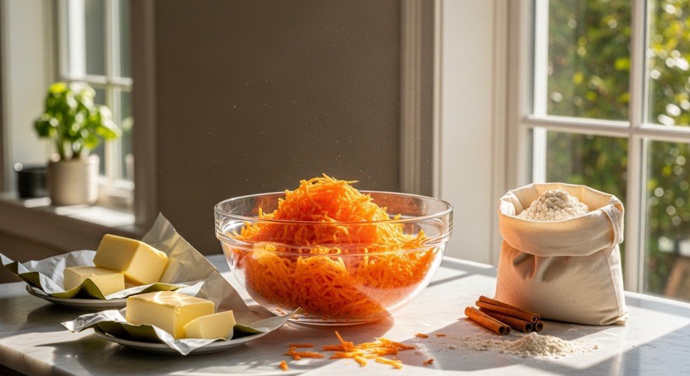 Ingredients for carrot cake bars neatly arranged on a wooden counter