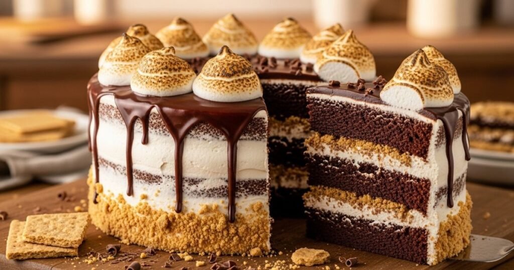 Finished S’mores Layer Cake with Marshmallow Topping