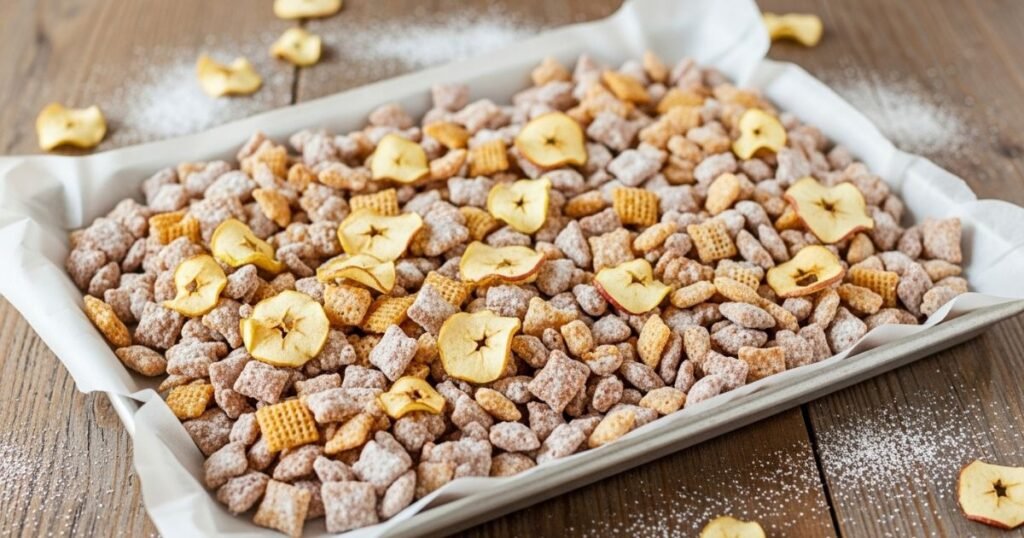 A close-up of a bowl filled with caramel apple puppy chow