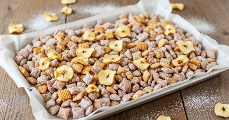 A close-up of a bowl filled with caramel apple puppy chow