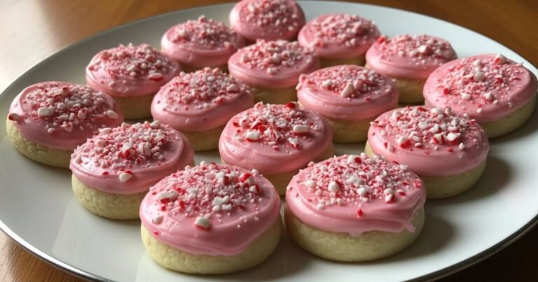 Peppermint meltaway cookies topped with crushed peppermint on a holiday plate